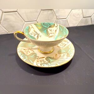 Bavaria Eberthal Bone China Green & Gold Floral Tea Cup & Saucer Germany VINTAGE